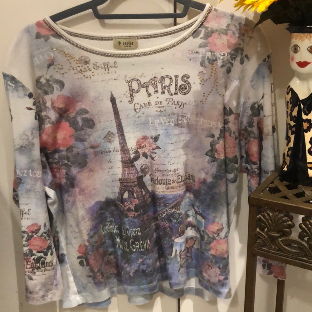 Vintage Paris themed top. Has some sparkle